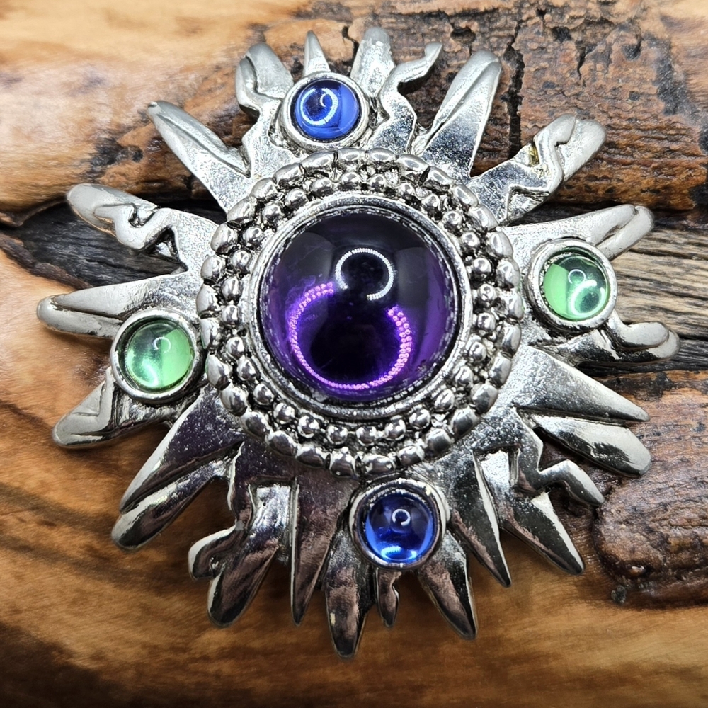 Starburst Brooch Silver Tone Glass Cabochons Vintage Rollover Clasp 2¼" Diameter